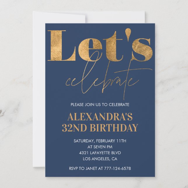 Elegant 32nd birthday invitations Navy Gold  Inbjudningar (Framsida)