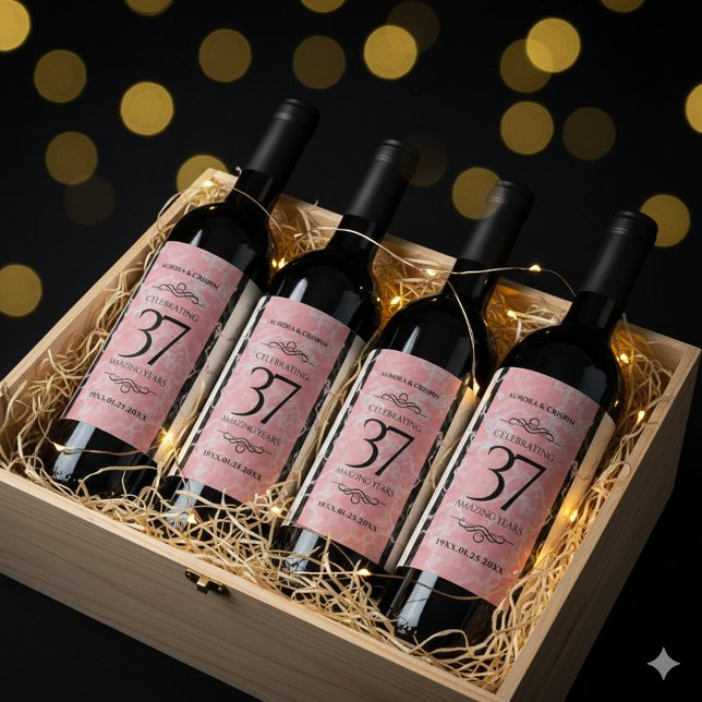 Elegant 37:e årsdagen för Alabaster Bröllop Vinflaska Etikett (37th Alabaster Wedding Anniversary Wine/Liquor Drink Labels Cover Photo)