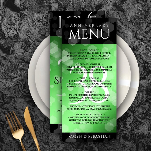 Elegant 38:e Emerald Bröllop-årsdagen Meny (Elegant 38th Emerald Wedding Anniversary Menu Rack Card Cover Photo.)
