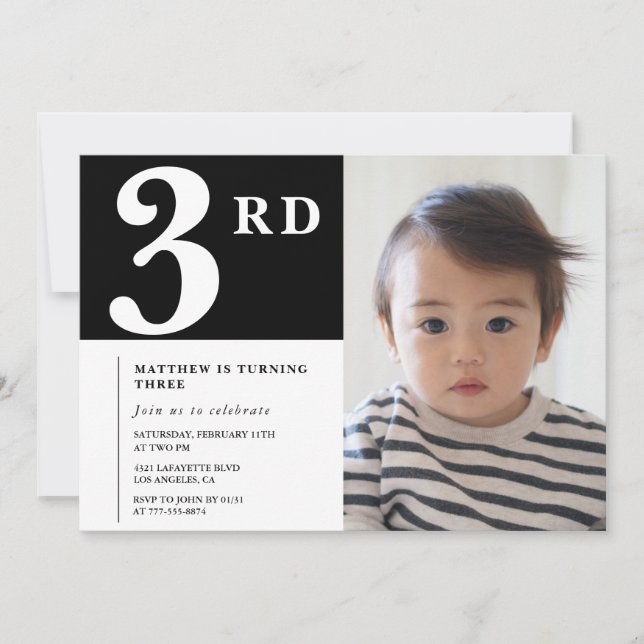 Elegant 3-års inbjudan Svart Pojke Foto (Framsida)