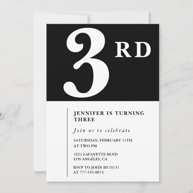 Elegant 3:e födelsedagsinbjudan Black Chic Girl Inbjudningar (Framsida)