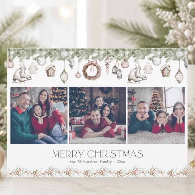 Elegant 3-foto vattenfärg julkort (traditional classic watercolor family custom merry Christmas holidays 3-photo card)