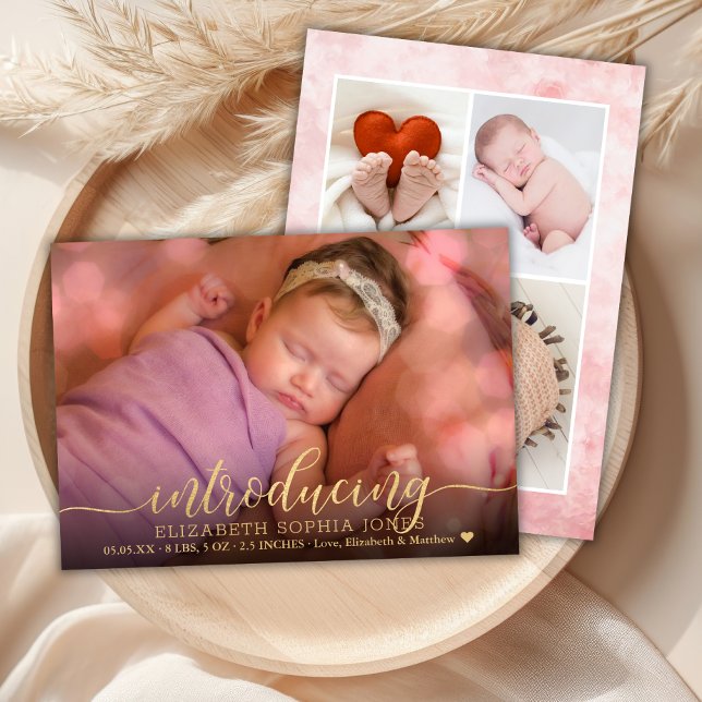 Elegant 3 Fotokollage Birth Announcement Card Meddelande (Skapare uppladdad)