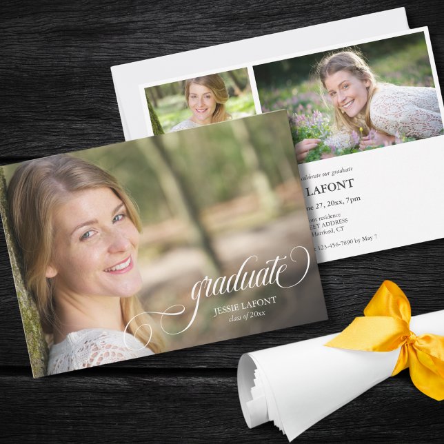 Elegant 3 Inbjudan till fotokalligrafi Studenten (custom 3 photo graduation celebration party invitation with elegant script calligraphy)