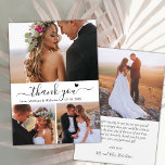 Elegant 3 Photo Collage Calligraphy-skript Bröllop Tack Kort<br><div class="desc">Minimalistiskt Modern Elegant Script 3 Photo Collage Bröllop - tackkort. Snyggt bröllop tackar dig för att du har en kortmall med 3 (3) foto på framsidan och ett (1) foto på baksidan. Med texten "Tack" i ett snävt tecken som skriver typografiskt skript med svan och litet kärlek-hjärta i svartvitt. Anpassa...</div>