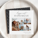 Elegant 3 Photo Collage Happiest Hanukkah Julkort<br><div class="desc">glädje med dessa moderna Hanukkah-helgdagskort med 3 av dina favoritfoton (ett lodrät och två små vågrät- eller landskapsinriktade). "Happiest Hanukkah" visas överst i handskriven kalligrafi och klassisk serif-skrift. Anpassa med din familj namn och året i nedre högerna.</div>