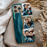 Elegant 3 Photo Collage Namn Teal Guld Agate<br><div class="desc">Den här eleganten har en vattenfärgad geodedesign som trimmas med faux guld glitter längs det lämnat kant,  med plats för tre av dina favoritfoton på högerna. Lägg till namn i ett vitt handskriftsskript med blommor i början och slutet.</div>
