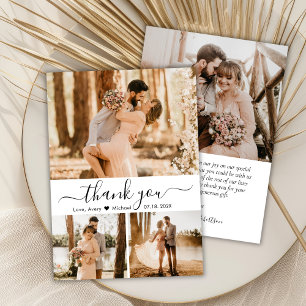 Elegant 3 Photo Collage Script Heart Bröllop Tack Kort