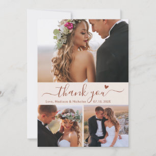 Elegant 3 Photo Collage Terracotta Script Bröllop Tack Kort