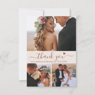 Elegant 3 Photo Collage Terracotta Script Bröllop Tack Kort
