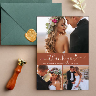 Elegant 3 Photo Collage Terracotta Script Bröllop Tack Kort