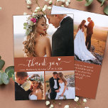 Elegant 3 Photo Collage Terracotta Script Bröllop Tack Kort<br><div class="desc">Minimalistiskt Modern Boho Elegant Script 3 Photo Collage Terracotta Bröllop - tackkort. Snyggt bröllop tackar dig för att du har en kortmall med 3 (3) foto på framsidan och ett (1) foto på baksidan. Med texten "Tack" i ett snabbt tecken som skriver typsnitt för typografi med svan och litet kärlek-hjärta...</div>