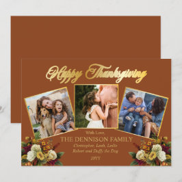 Elegant 3 Photo Family Blommigt Happy thanksgiving Julkort