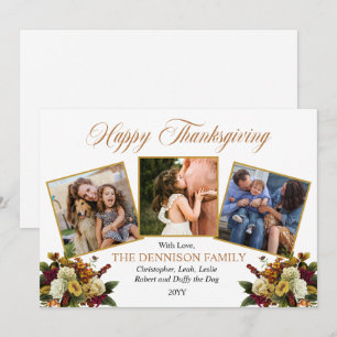 Elegant 3 Photo Family Blommigt Happy thanksgiving Julkort