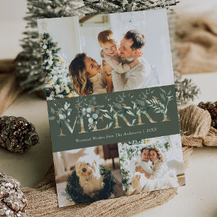 Elegant 3 Photo Guld & Greenery God jul Julkort