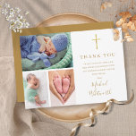 Elegant 3 Photo Guld Namnteckning skriptutslag Tack Kort<br><div class="desc">En elegant guld namnteckning skriptfotobaptism eller ett kristet tack. Anpassa med dina speciella 3 foton och tack för att du har angett ett meddelande i chic guld. Designad av Thisisnotme©</div>