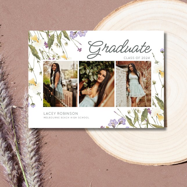 Elegant 3 Photo Wildblomma High School Studenten Meddelande (Elegant 3 Photo Wildflower High School Graduation)