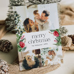 Elegant 3 Photo Winter Botanical God jul Julkort<br><div class="desc">Den här samlingen har vattenfärgade röda blommigtar,  bär och vintergröna med modern och elegant typografi,  med ett botaniskt mönster baksida på vintern.</div>