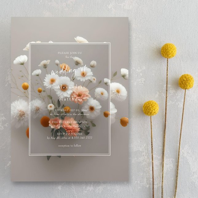 Elegant 3D Blommig Ram Vita Blommor Bröllop Inbjudningar (Charming elegance. 3D frame. Unique wedding invitation.)