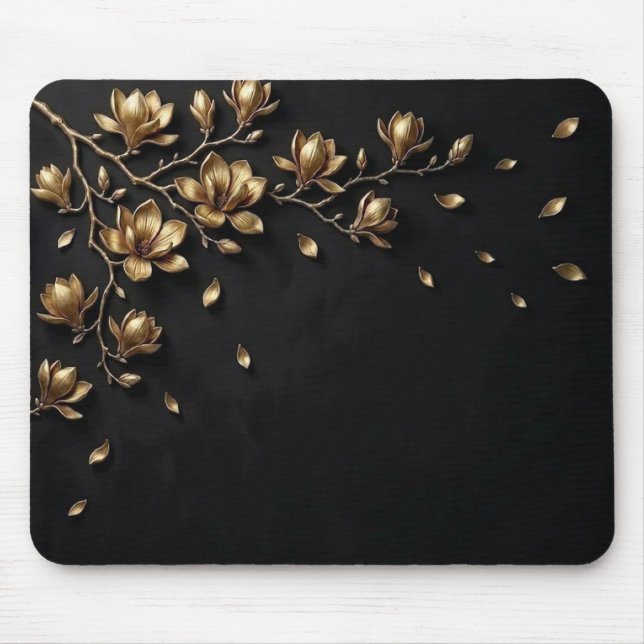 Elegant 3D Gold Flowers on Black Mouse Pad - Luxur Musmatta (Framsidan)