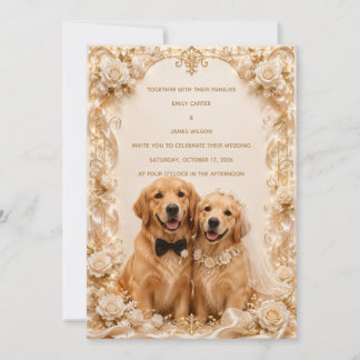 Elegant 3D Golden Retriever Bröllopsinbjudan | G Inbjudningar