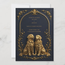 Elegant 3D Guld Golden Retriever Bröllopsinbjudan