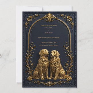 Elegant 3D Guld Golden Retriever Bröllopsinbjudan Inbjudningar
