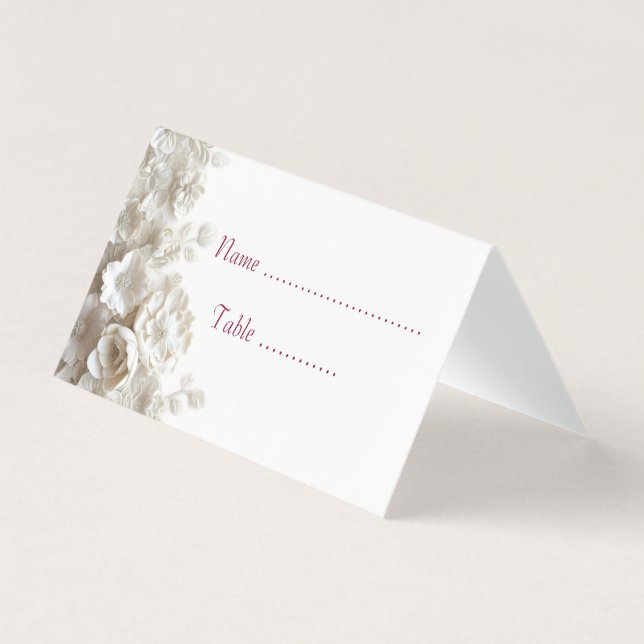 Elegant 3D vit blomster burgunder platskort Kort (Framsida)