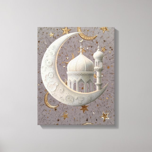 Elegant 3D vit halvmåne & moské Ramadan-design Canvastryck (Framsida)