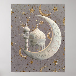 Elegant 3D vit halvmåne & moské Ramadan-design Poster