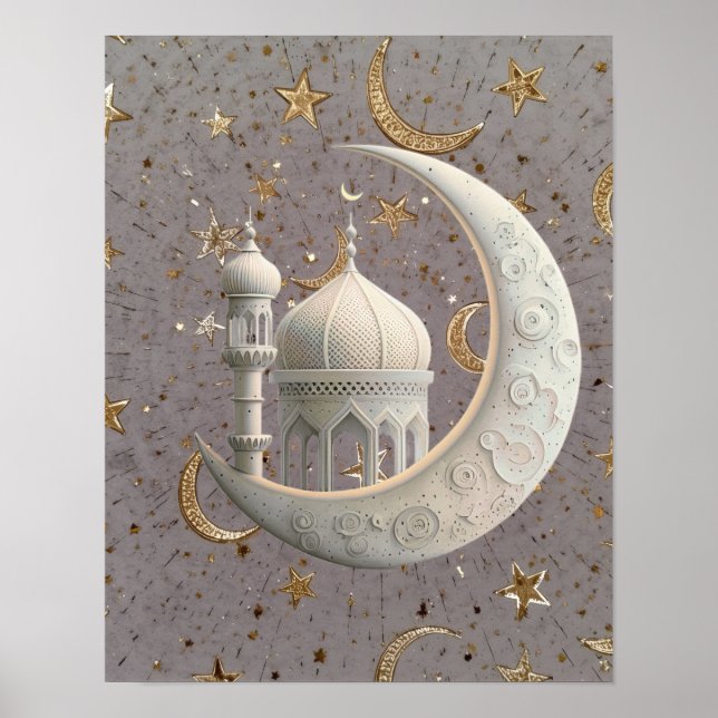 Elegant 3D vit halvmåne & moské Ramadan-design Poster (Framsidan)