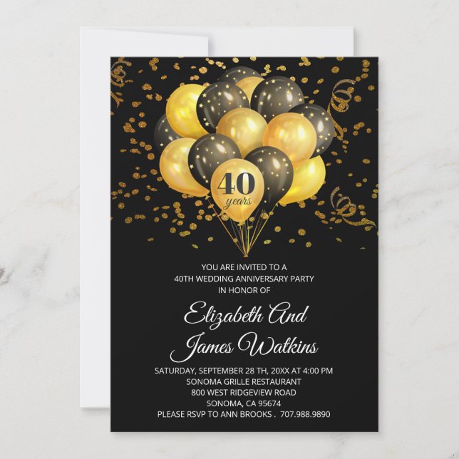 Elegant 40-års bröllopsjubileum Guld och svart i Inbjudningar (Framsida)