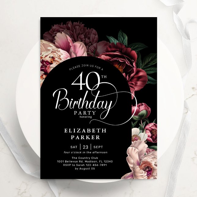 Elegant 40-årsdag Burgunder Rosa Peonior Inbjudningar (Skapare uppladdad)