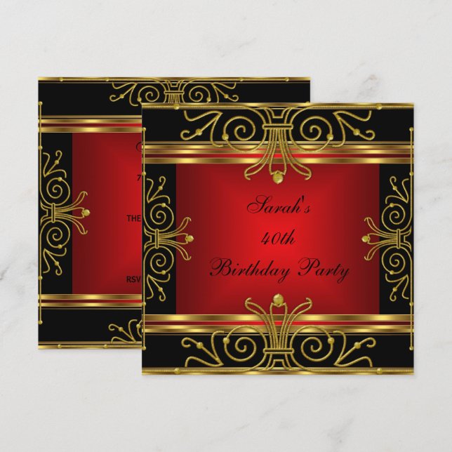 Elegant 40-årsdag Röd Svart Guld Art Deco 2 Inbjudningar (Fram/baksida)