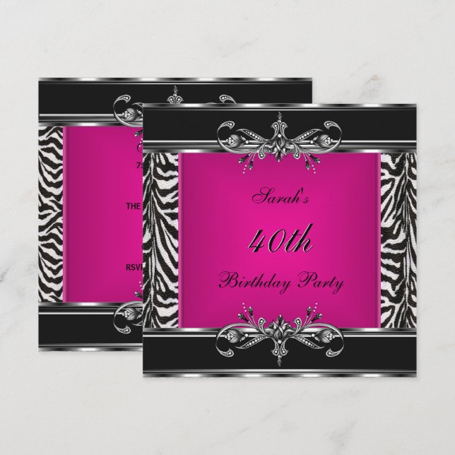Elegant 40-årsdag Rosa Zebra Svart Silver Inbjudningar (Fram/baksida)