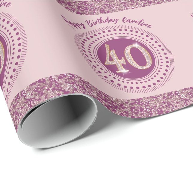 Elegant 40-årsdag Rose Guld Glitter & Ränder Presentpapper (Rullad Hörn)
