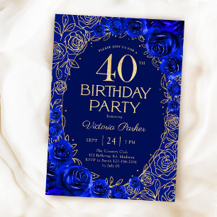 Elegant 40-årsdag Royalblå Guld Blommig Inbjudningar