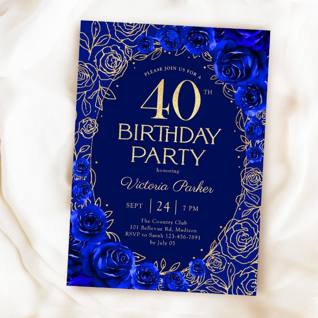 Elegant 40-årsdag Royalblå Guld Blommig Inbjudningar (Skapare uppladdad)
