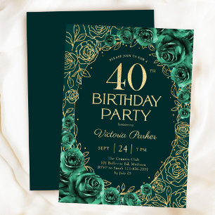 Elegant 40-årsdag Smaragdgrön & Guld Blommig Inbjudningar