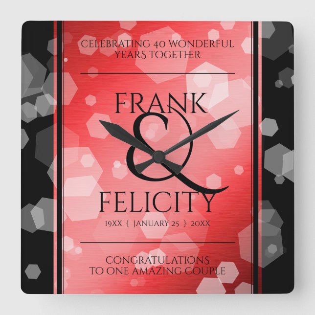 Elegant 40:e 80:e årsdagen av Ruby Bröllop Fyrkantig Klocka (Framsida)