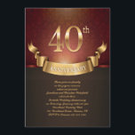 Elegant 40:e Bröllop-årsinbjudan Inbjudningar<br><div class="desc">En inbjudan med djup burgundbakgrund är överlagd med en gyllene banderoll som håller "årsdagen" i ord, och precis ovanför den, tillkännager en "40:e årsdagen" i guld vad firande handlar om. En mycket snyggt och elegant inbjudan till er speciella affär. Kortet är enkelt att anpassa med text, teckensnitt, teckensnitt, färg, pappra...</div>