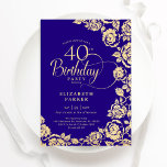 Elegant 40:e födelsedag Lila Guld Ro Inbjudningar<br><div class="desc">Lila guld blommigt 40-årsfestinbjudan. Elegantens utformning med ro,  faux guld-folie och typsnitt för typsnitt. Trendig inbjudan-kortets perfekt för en snyggt kvinnlig dag firande. Kan anpassas till vilken ålder som helst. Anpassa med dina egna detaljer. Skrivna Zazzle-inbjudningar eller digital utskrivbar mall för omedelbar nedladdning.</div>