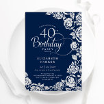 Elegant 40:e födelsedag Ro i Silver Inbjudningar<br><div class="desc">Blommigten för marinfest i marinfest i marinens silver 40 år. Elegantens utformning med ro,  faux silver-folie och typsnitt för typsnitt. Trendig inbjudan-kortets perfekt för en snyggt kvinnlig dag firande. Kan anpassas till vilken ålder som helst. Anpassa med dina egna detaljer. Skrivna Zazzle-inbjudningar eller digital utskrivbar mall för omedelbar nedladdning.</div>