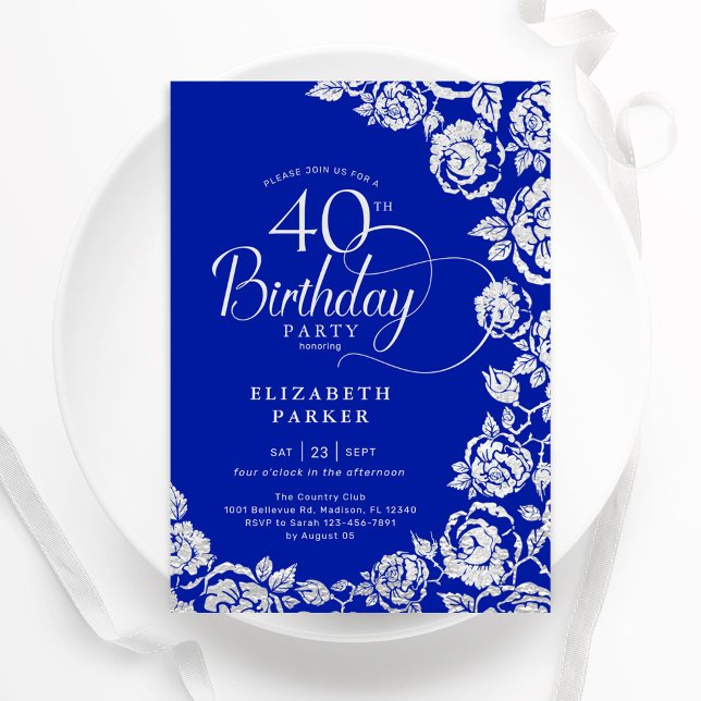 Elegant 40:e födelsedag Royalet Blue Silver Ro Inbjudningar (Skapare uppladdad)