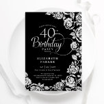 Elegant 40:e födelsedag Svarta Silver Ro Inbjudningar<br><div class="desc">Black silver blommigt 40-årsfestinbjudan. Elegantens utformning med ro,  faux silver-folie och typsnitt för typsnitt. Trendig inbjudan-kortets perfekt för en snyggt kvinnlig dag firande. Kan anpassas till vilken ålder som helst. Anpassa med dina egna detaljer. Skrivna Zazzle-inbjudningar eller digital utskrivbar mall för omedelbar nedladdning.</div>