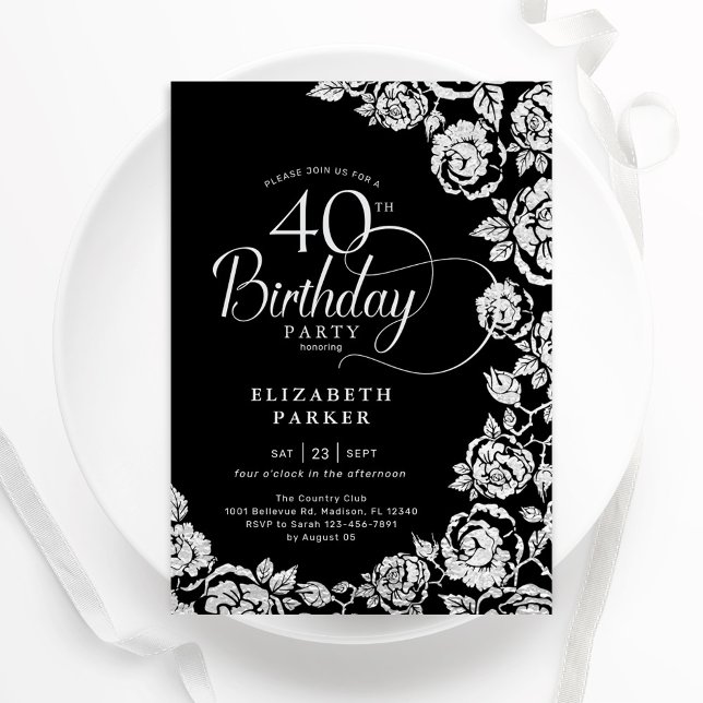 Elegant 40:e födelsedag Svarta Silver Ro Inbjudningar (Skapare uppladdad)
