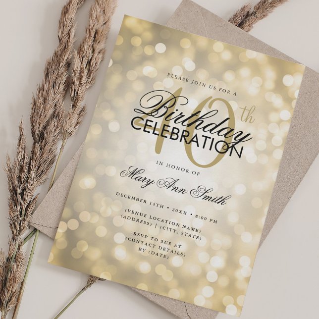 Elegant 40:e födelsedagen Glam Guld Shimmer Ljus Inbjudningar (Elegant 40th Birthday Glam Gold Shimmer Lights Invitation)