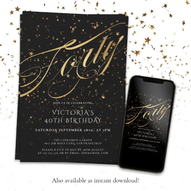 Elegant 40:e födelsedagen i Svarta Guld Inbjudningar (Gold Black Forty 40th Birthday Faux Foil Confetti Invitation)