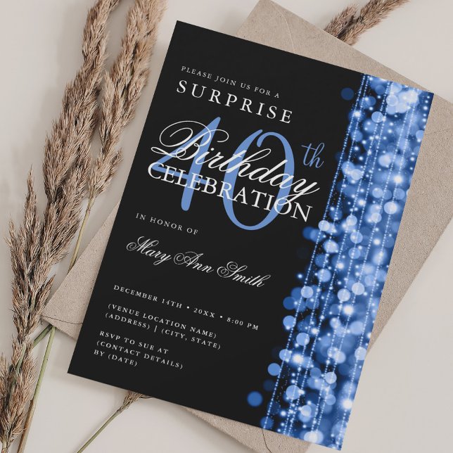 Elegant 40:e födelsedagsflottan av miniatyrbilder inbjudningar (Elegant Surprise 40th Birthday Sparkles Navy Invitation)