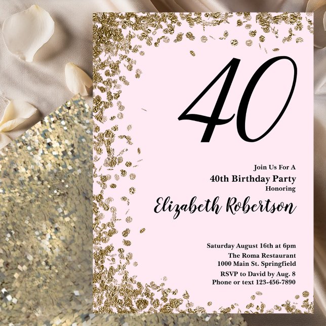 Elegant 40:e födelsedagsinbjudan Rosa Guld Sequin Inbjudningar (Skapare uppladdad)
